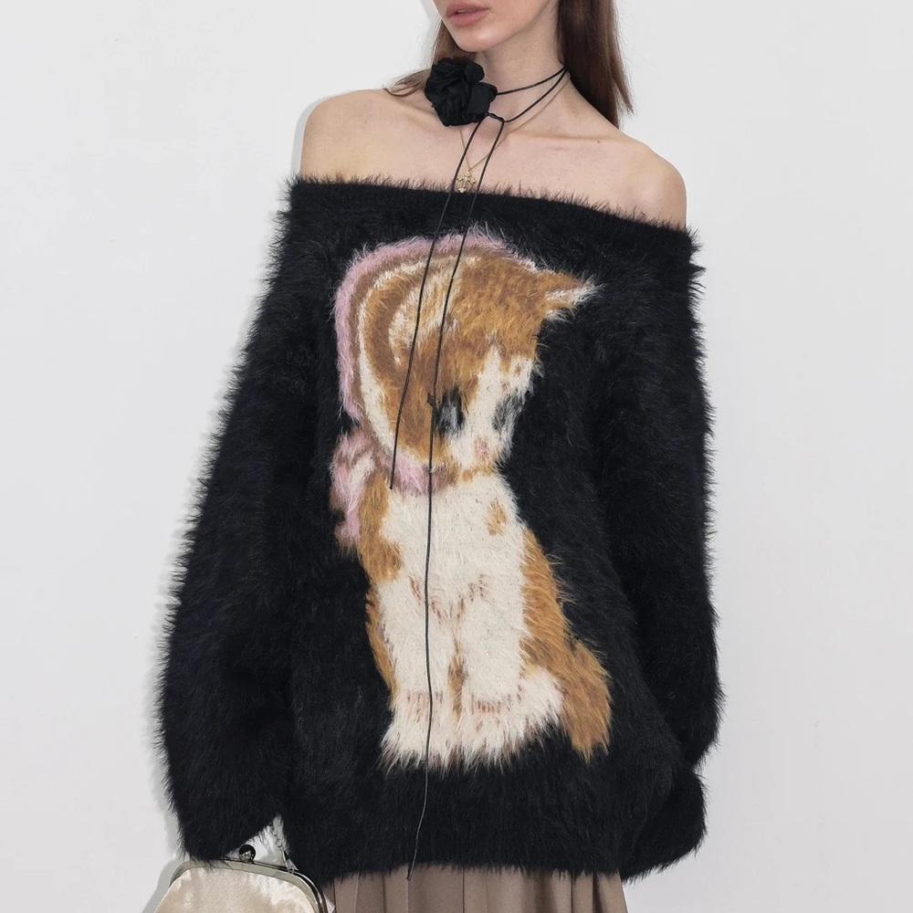 PROD “kitty fluffy” black oversized off shoulder sweater